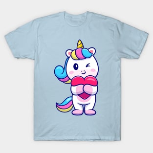 Cute Unicorn Holding Heart Cartoon T-Shirt